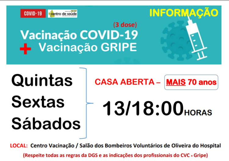 Vacinação Covid-19 e Gripe em Casa Aberta para maiores de 70 anos em Oliveira do Hospital