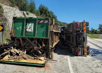 Camião carregado de madeira tombou na EN17